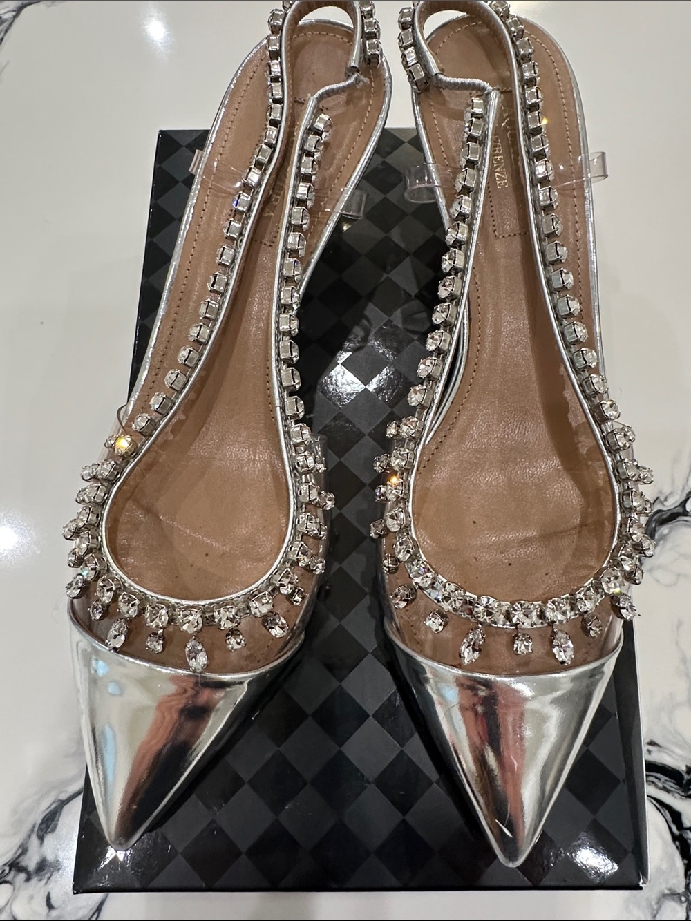 Aquazzura Silver Pointed Slingback Mules with Crystal Trim